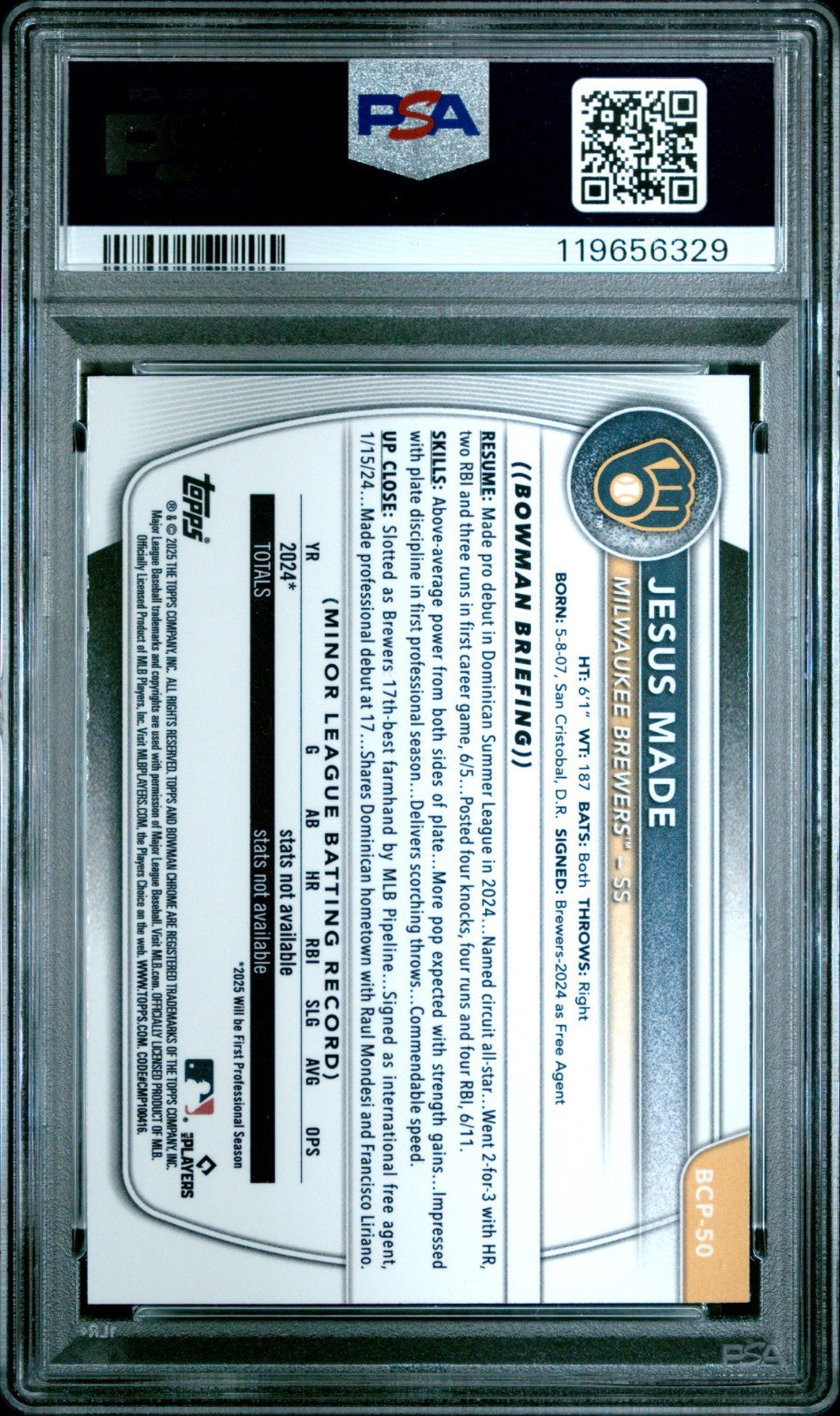 Jesus Made 2025 Bowman Chrome #BCP-50 Reptilian Refractor 1st RC PSA 10 Gem Mint