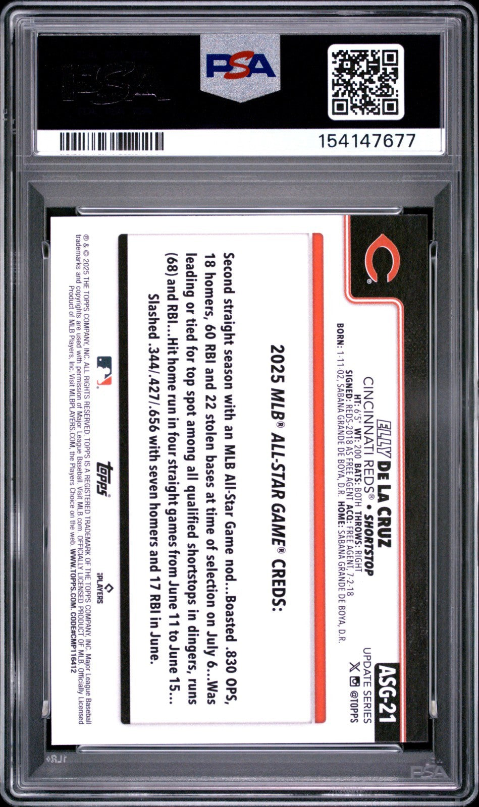 2025 Topps Update Series - All-Star Game Elly De La Cruz #ASG-21 PSA 10 POP 2!