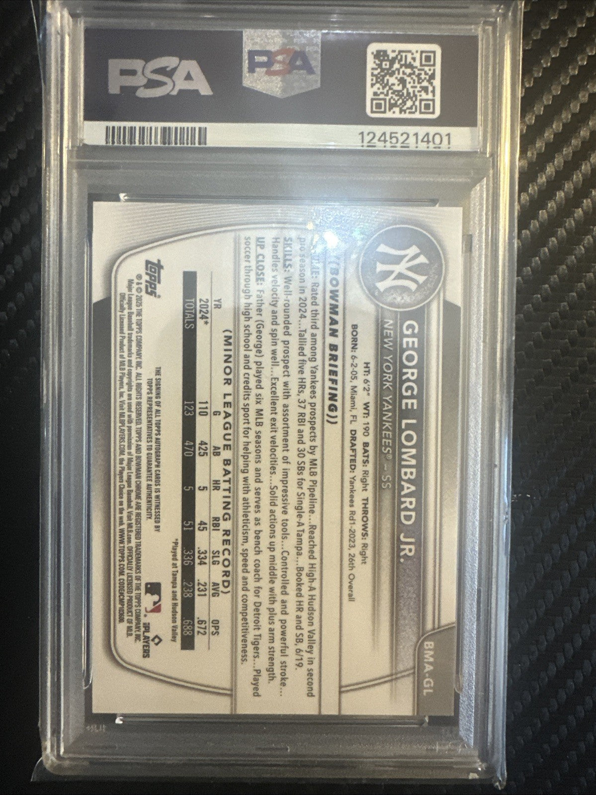 2025 Bowman - Chrome Prospect Mega Auto George Lombard Jr. #BMA-GL  PSA Gem 10