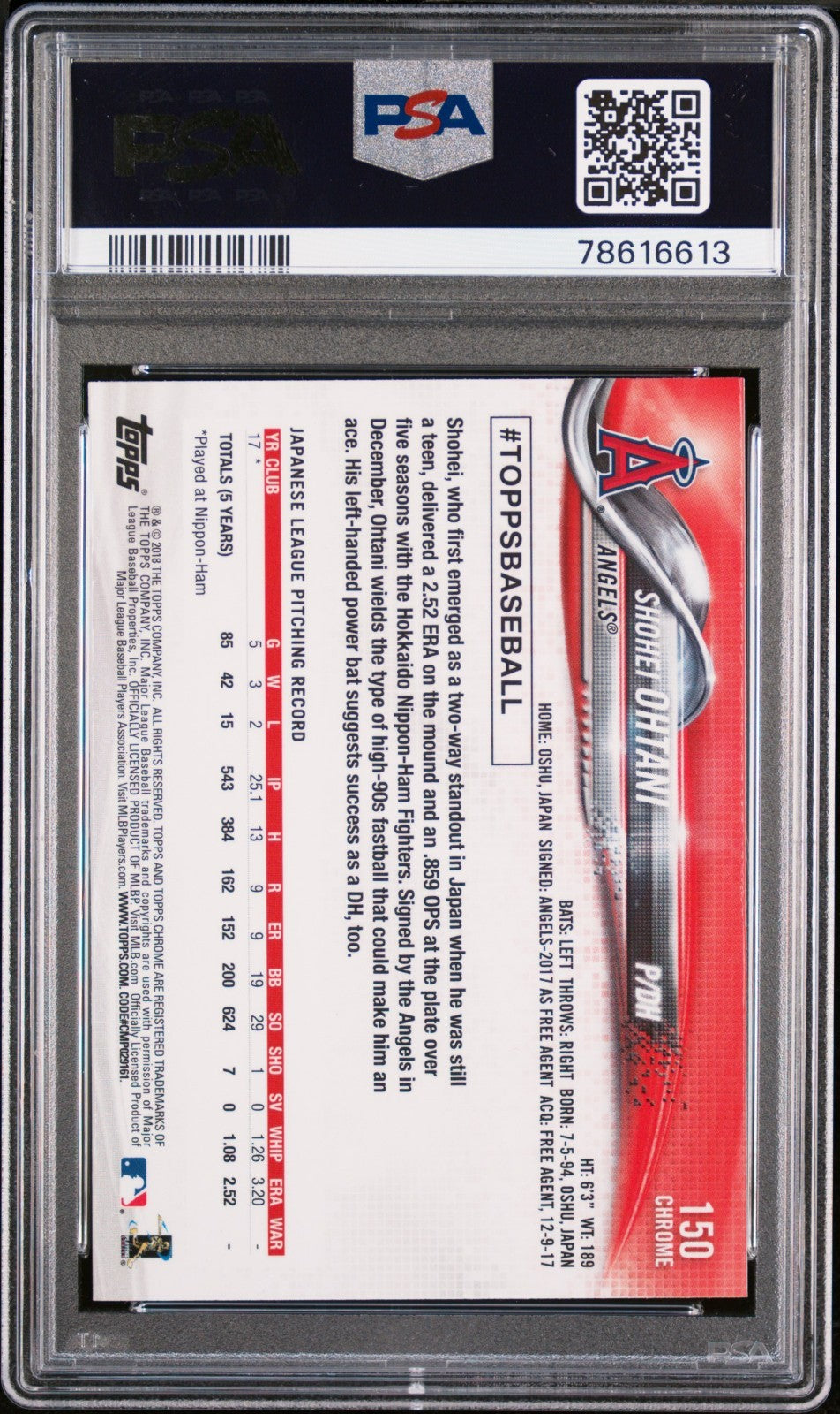 2018 Topps Chrome Shohei Ohtani #150 Pitching PSA 10