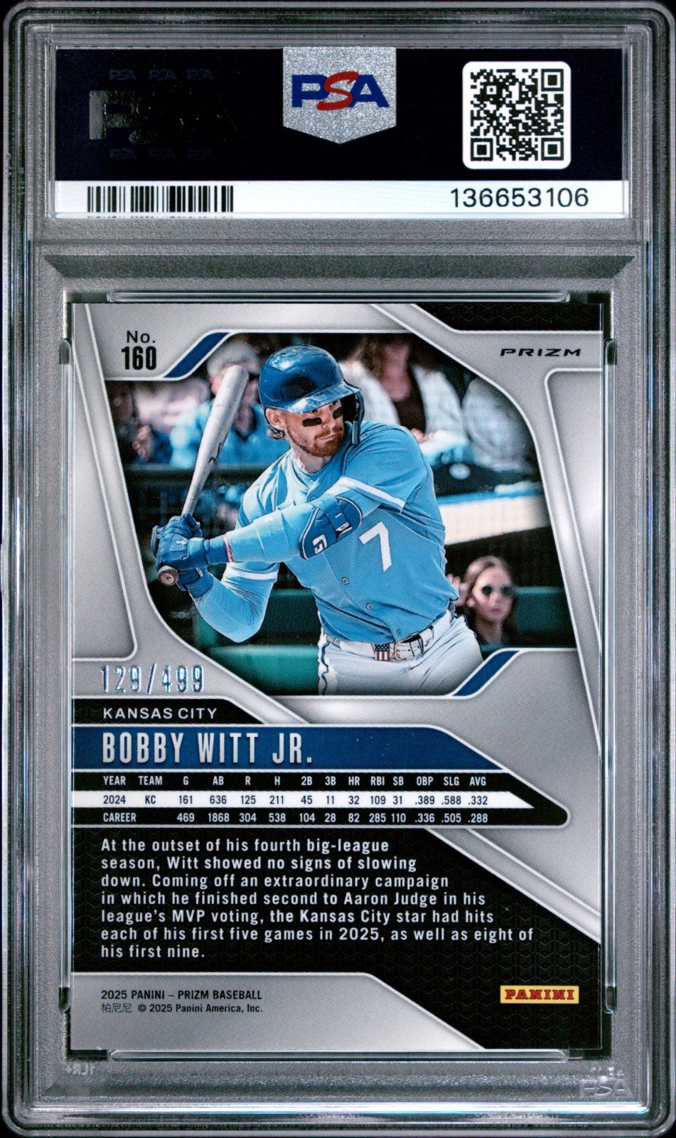 Bobby Witt Jr KC Royals 2025 Prizm Baseball Silver Pulsar #160 /499 PSA 10 POP 1