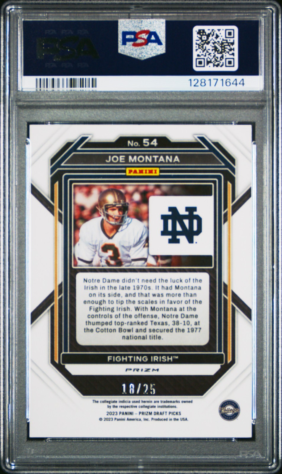 2023 Prizm Draft Picks - Joe Montana #54 Green Pulsar PSA 10 / 25 POP 2!