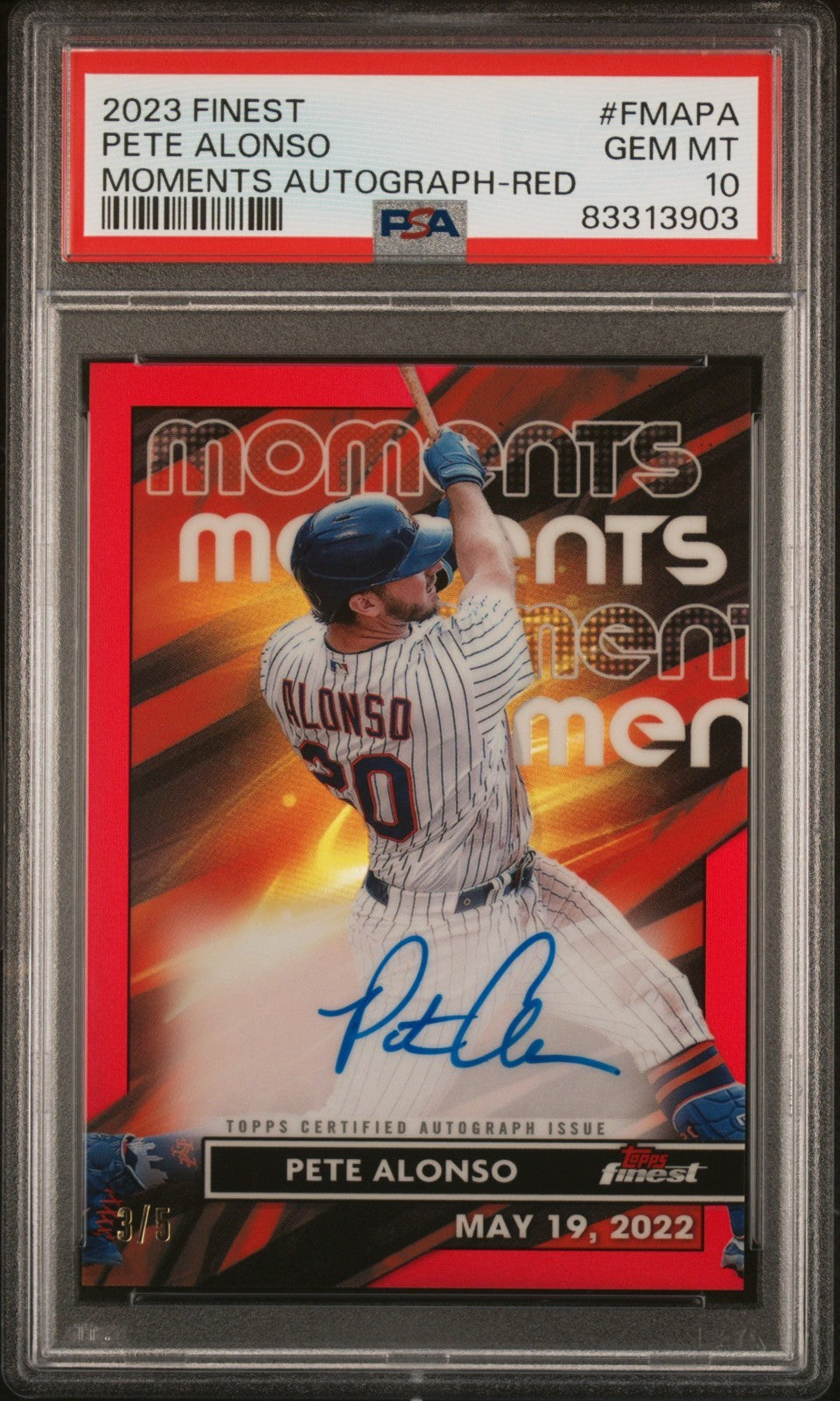 2023 Topps Finest - Moments Autographs Pete Alonso #FMA-PA (AU) PSA 10 3/5