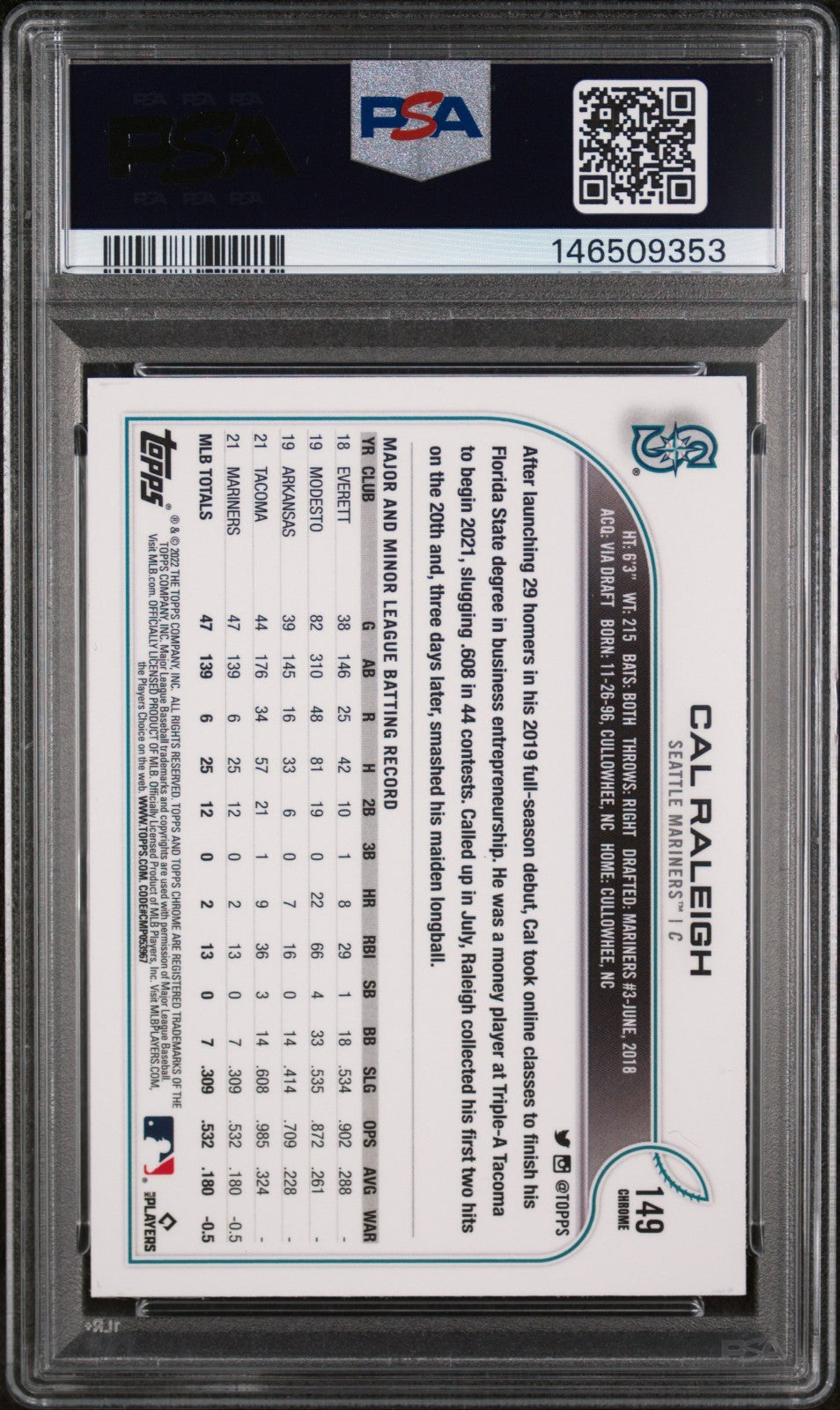 2022 Topps Chrome - Cal Raleigh #149 Pink Refractor (RC) PSA 10