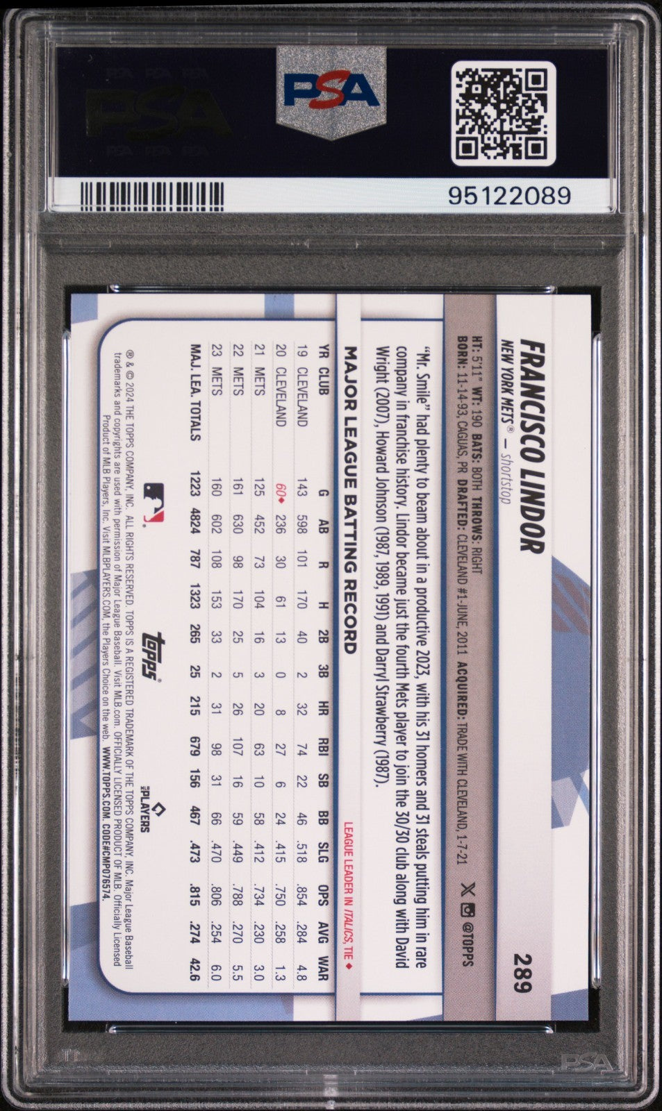 2024 Topps Big League - Rare Red Foil Francisco Lindor #289 PSA 10