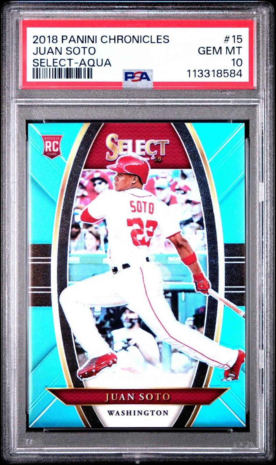 PSA 10 Gem Mint 2018 PANINI CHRONICLES SELECT #15 JUAN SOTO AQUA RC 014/299 made