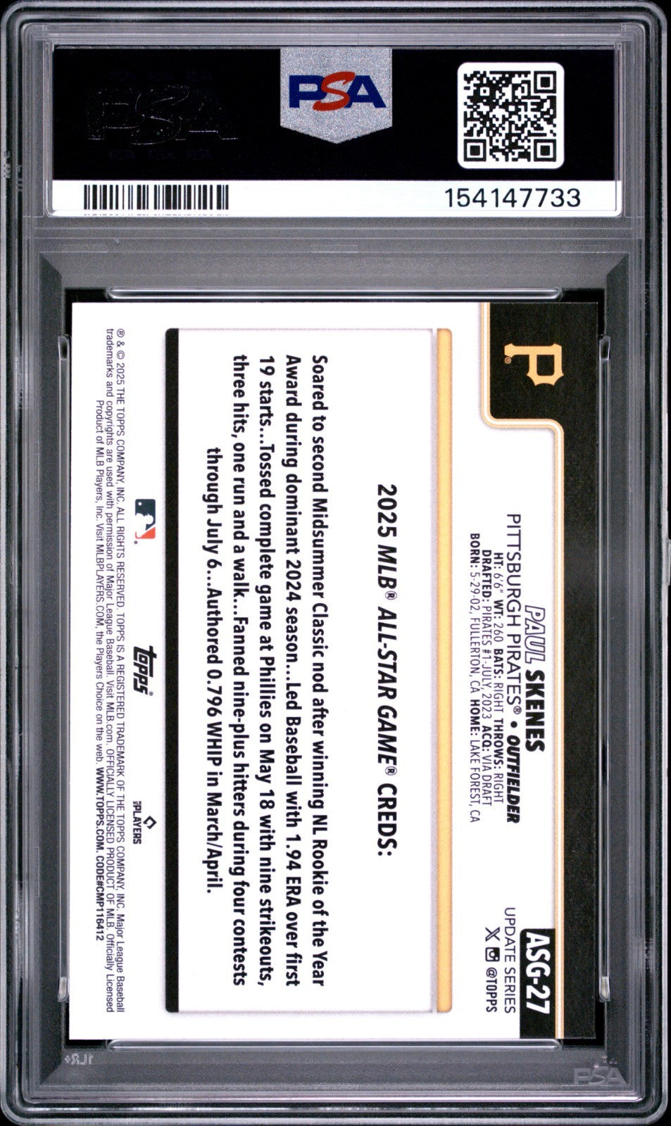2025 Topps Update Series - 2025 All-Star Game Paul Skenes #ASG-27 PSA 10
