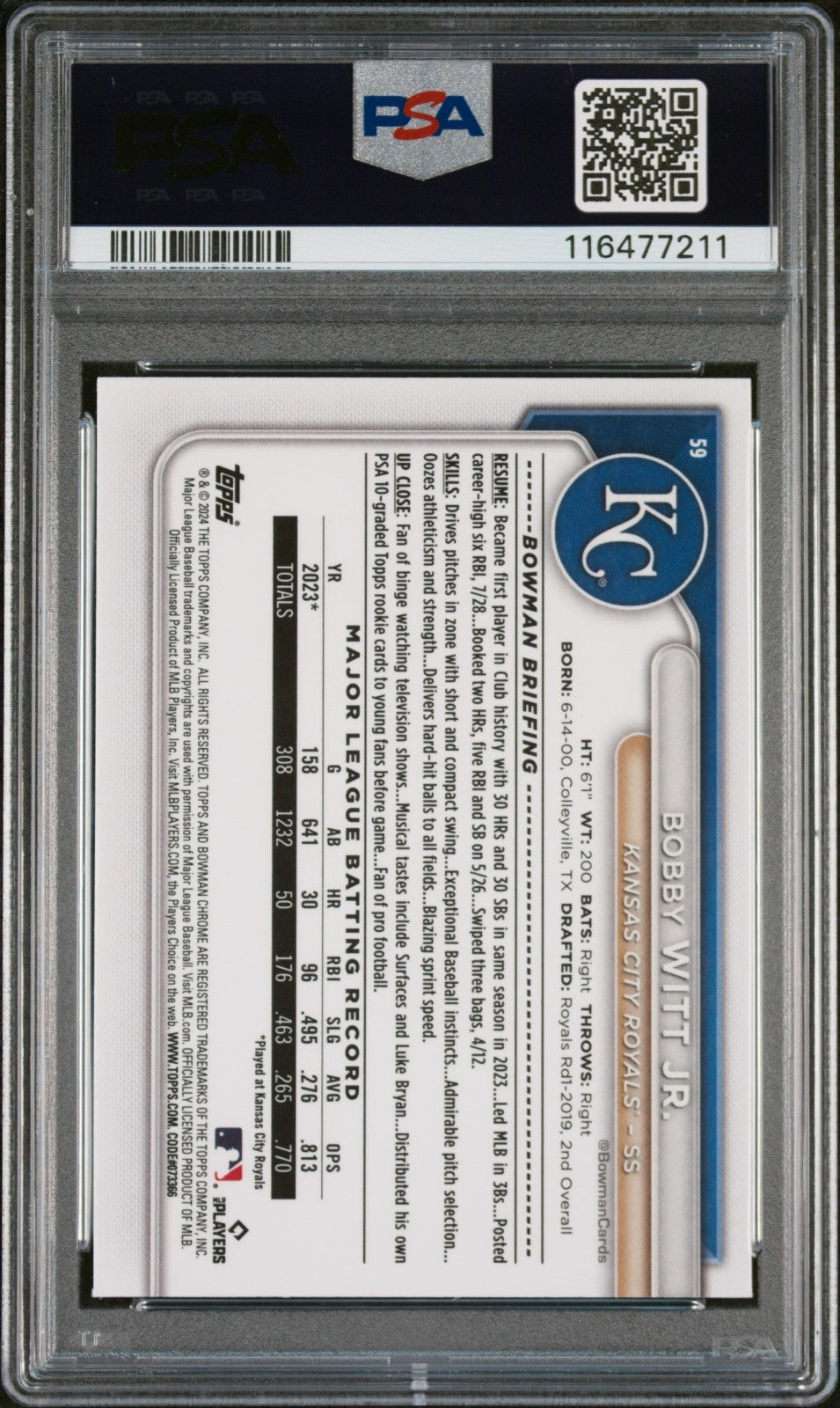 2024 Bowman Mega Box Chrome Bobby Witt Jr. #59 PSA 10