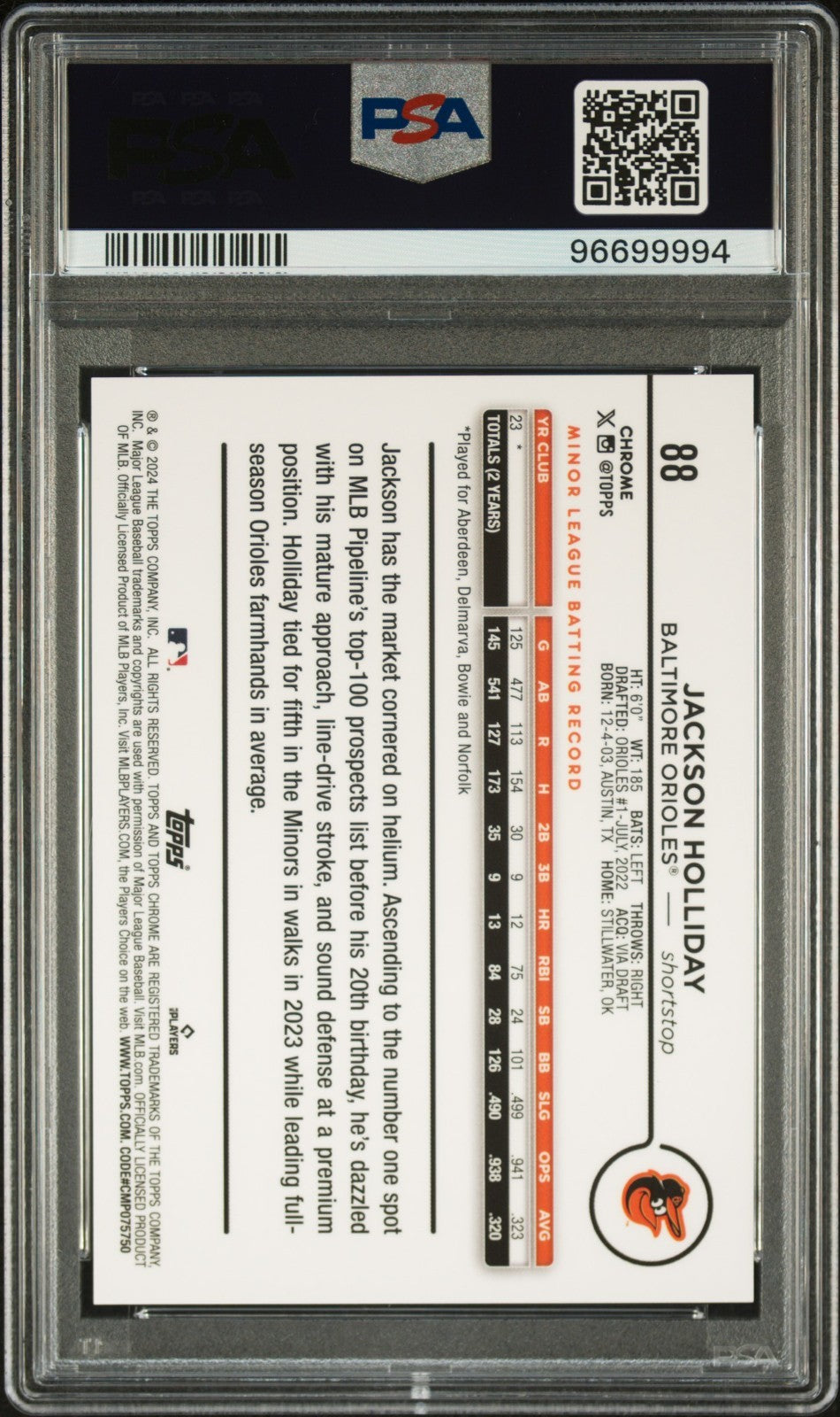 2024 Topps Chrome - Image Variation Jackson Holliday #88 Rookie Card PSA 10