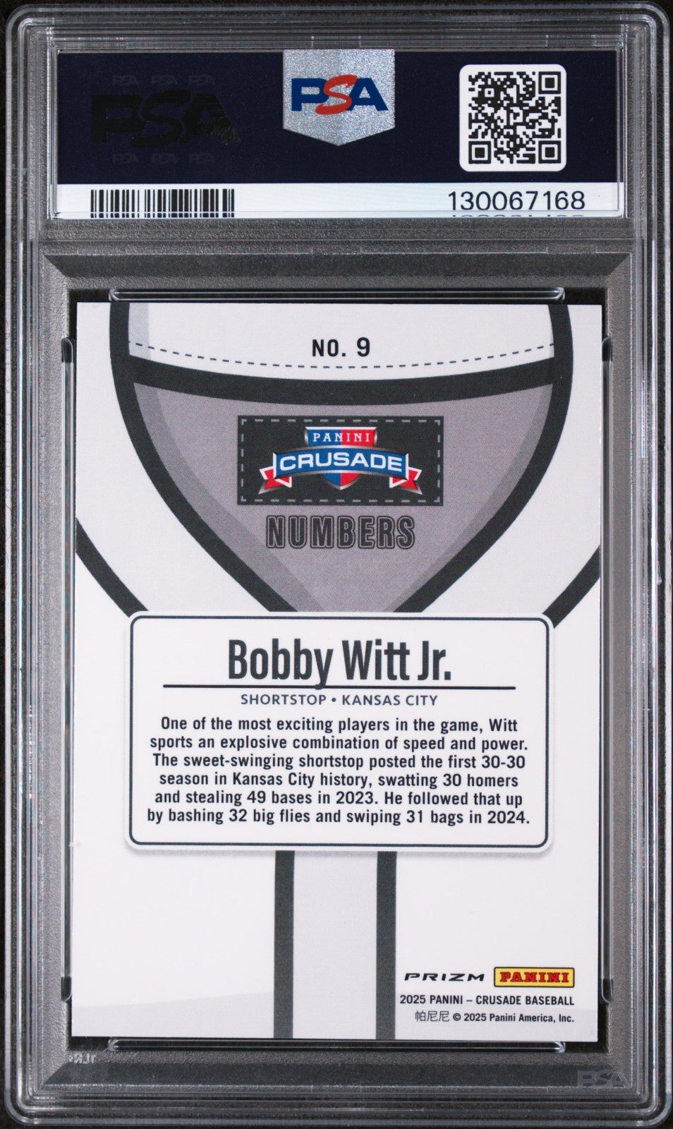 2025 Panini Crusade Bobby Witt Jr. #9 Numbers Insert PSA 10 MLB POP 4!
