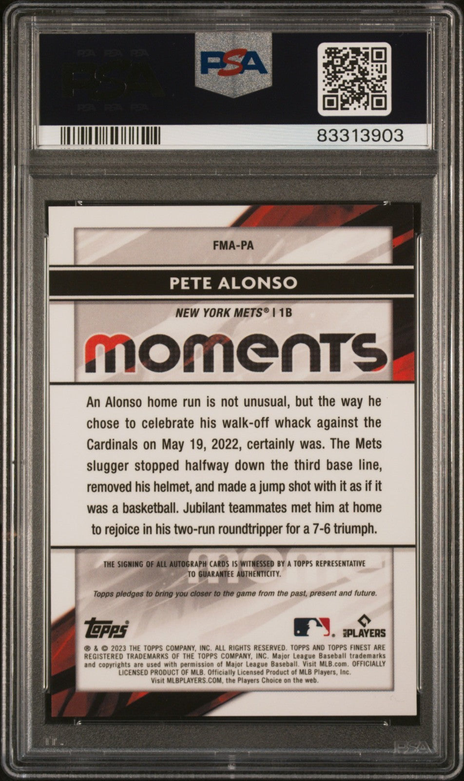 2023 Topps Finest - Moments Autographs Pete Alonso #FMA-PA (AU) PSA 10 3/5