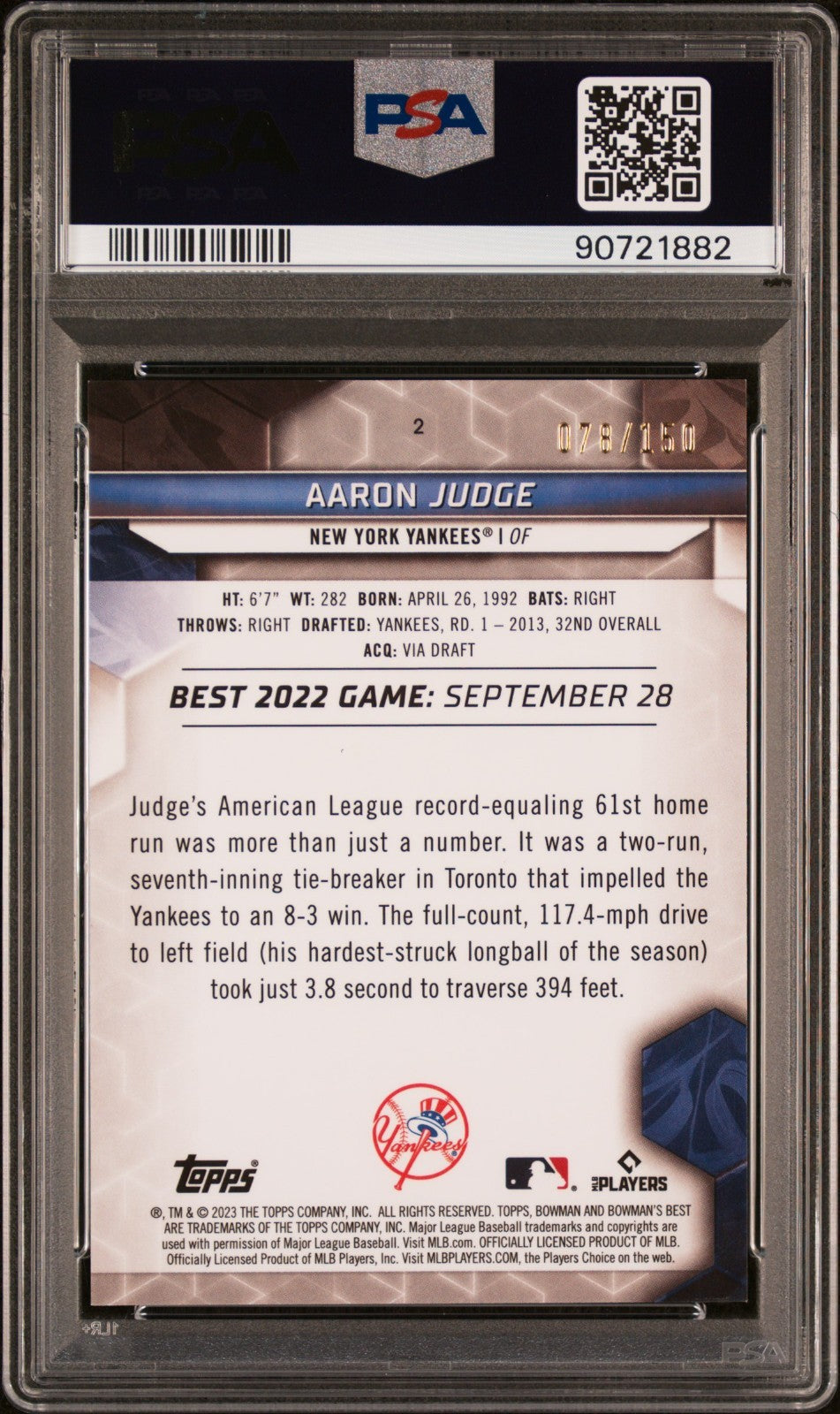 2023 Bowmans Best - Aaron Judge #2 Blue Refractor /150 PSA 10 POP 9!