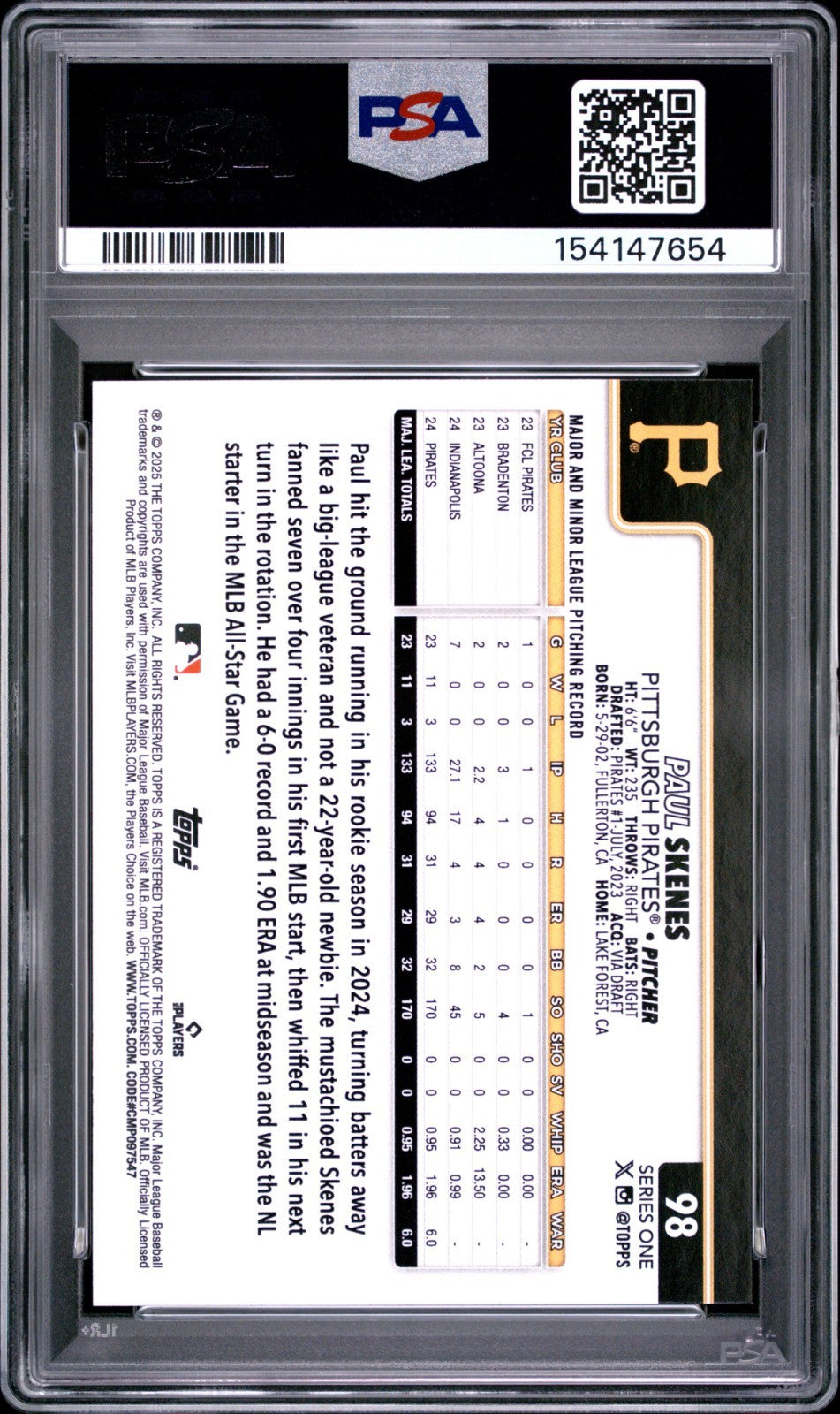 2025 Topps Series 1 - Paul Skenes #98 PSA 10