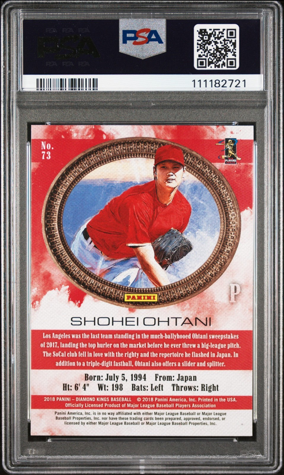 2018 Diamond Kings #73 SHOHEI OHTANI No Pinstripe Pitching Rookie Card PSA 10