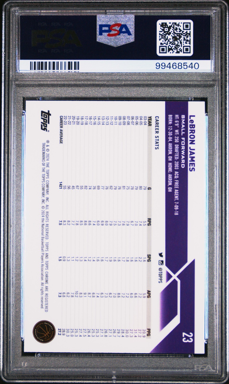 2023-24 Topps Chrome - LeBron James #23 Purple Refractor /349 PSA 10