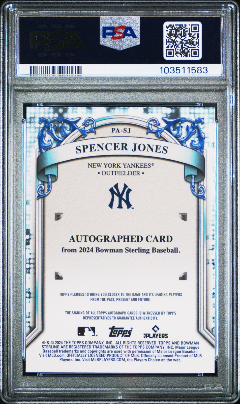 2024 BOWMAN STERLING SPENCER JONES #PASJ PROSPECT AUTOGRAPH PSA 10 YANKEES