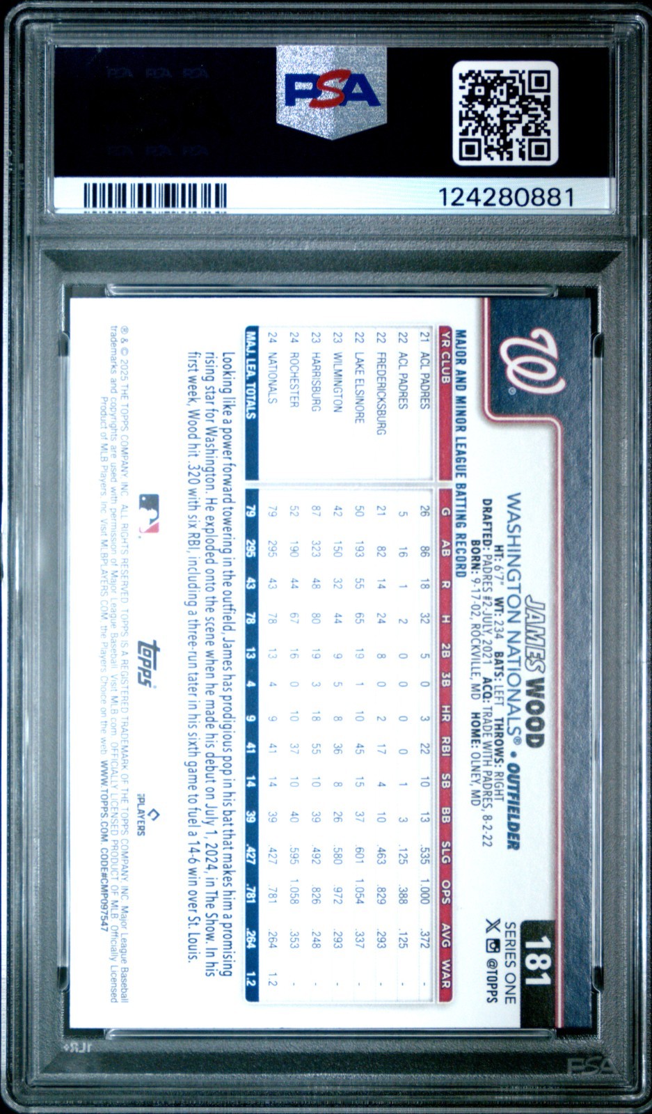 2025 Topps #181 James Wood RC Rookie Nationals PSA 10 GEM MINT