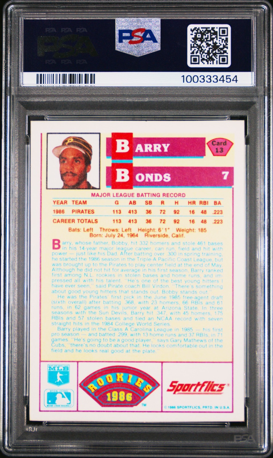 1986 Sportflics Rookies - Barry Bonds #13 (RC) PSA 10