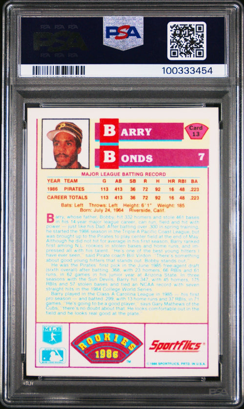 1986 Sportflics Rookies - Barry Bonds #13 (RC) PSA 10