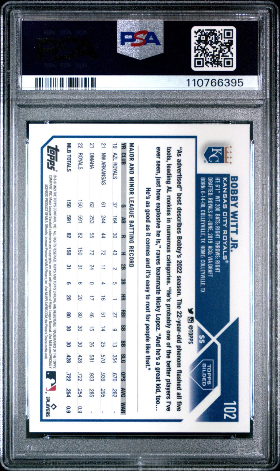 2023 Topps Gilded Collection - Bobby Witt Jr. #102 /99 PSA 10