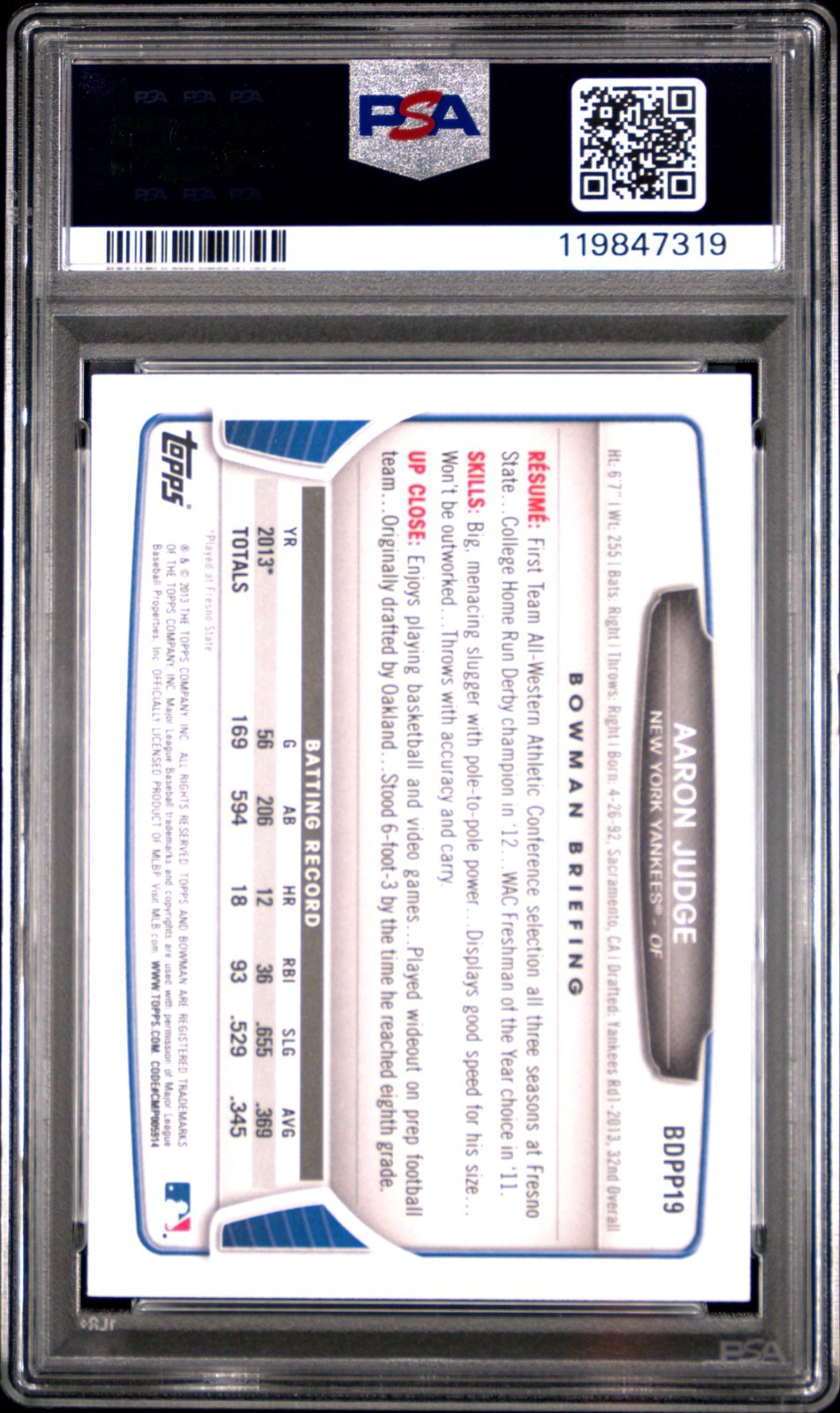 AARON JUDGE 2013 BOWMAN DRAFT & PROSPECTS BDPP19 PSA 10 !