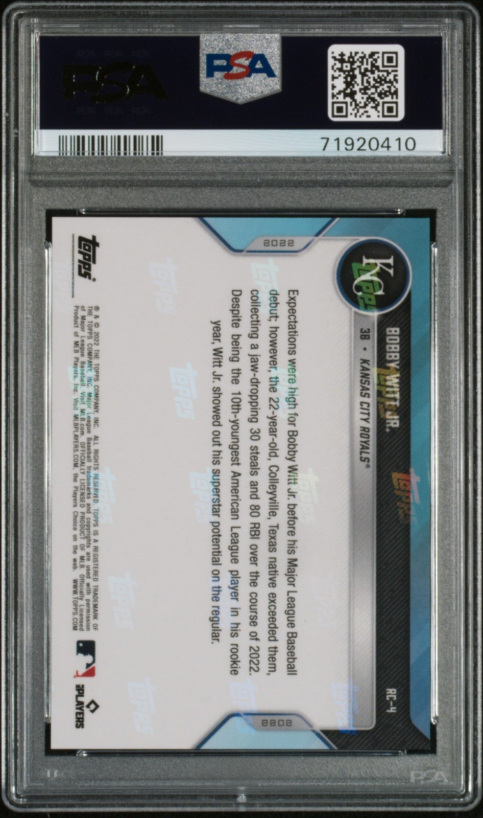 2022 Topps Now Rookie Cup - Bobby Witt Jr. #RC-4 (RC) PSA 10