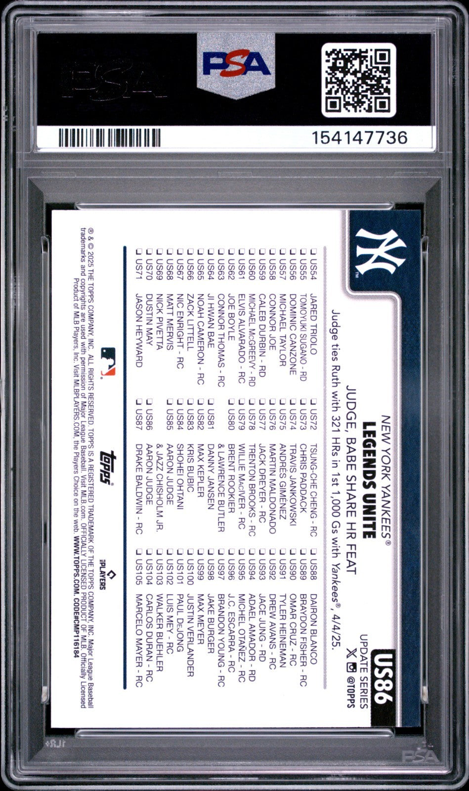 2025 Topps Update Series - Aaron Judge #US86 PSA 10 POP 10!
