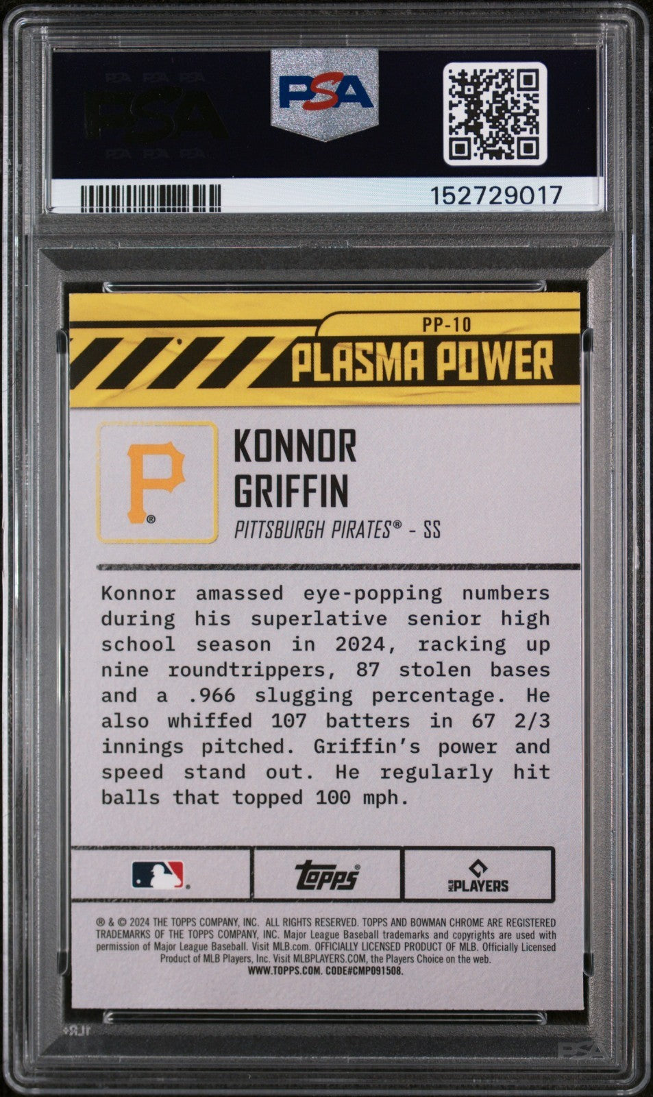 2024 Bowman Draft - Plasma Power Konnor Griffin #PP-10 (RC) PSA 10 LOW POP!