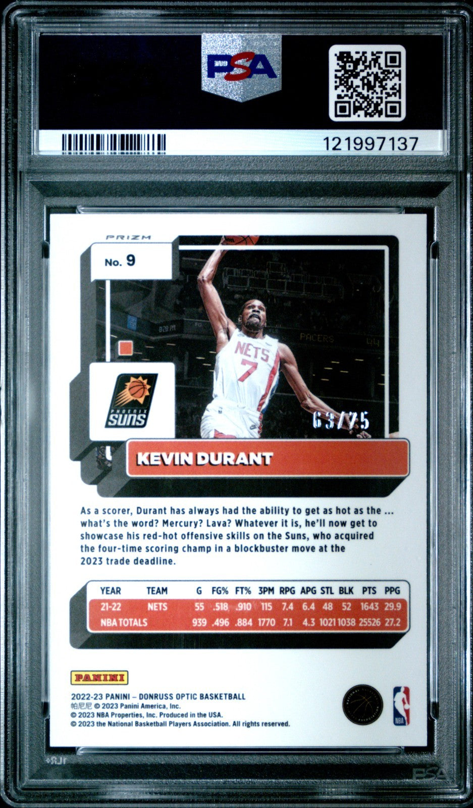 2022-23 Panini Donruss Optic - Kevin Durant #9 Red Fast Break Prizm /75 PSA 10