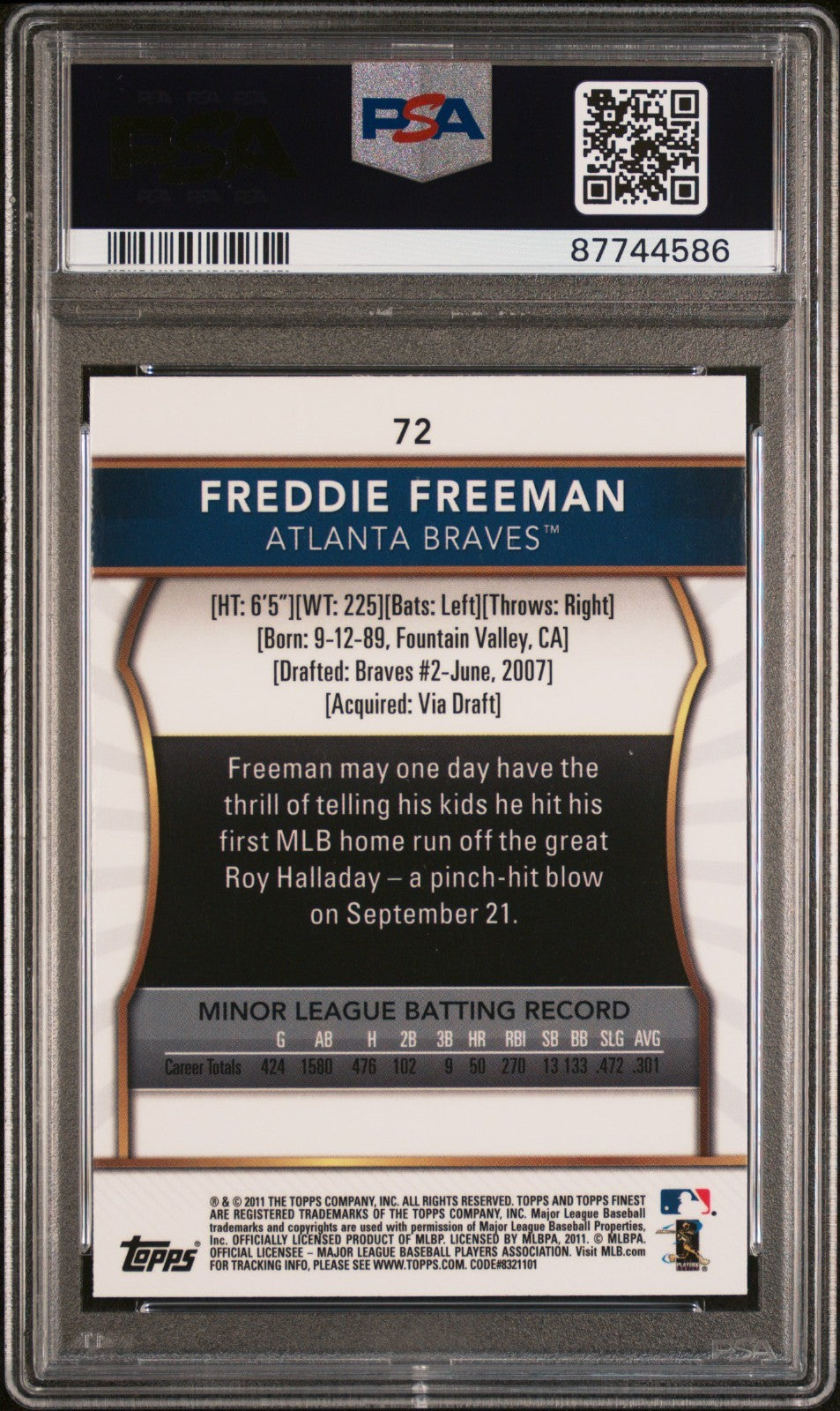2011 Topps Finest #72 Freddie Freeman Rookie PSA 10 LOW POP!