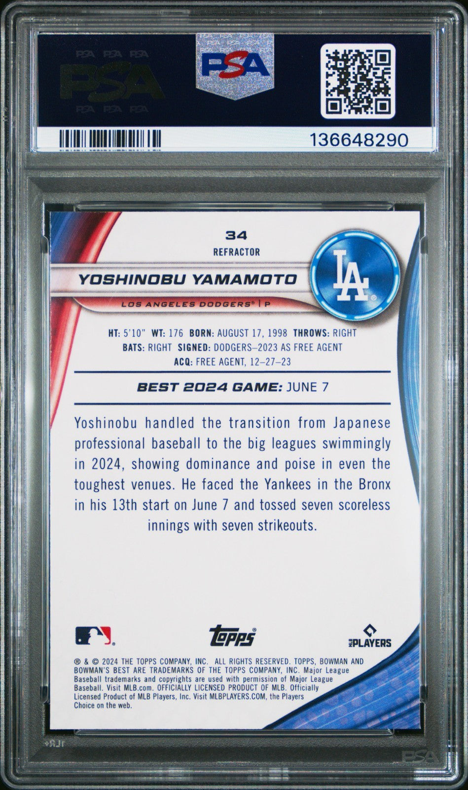2024 Bowman's Best Yoshinobu Yamamoto #34 Refractor Rookie RC Dodgers PSA 10