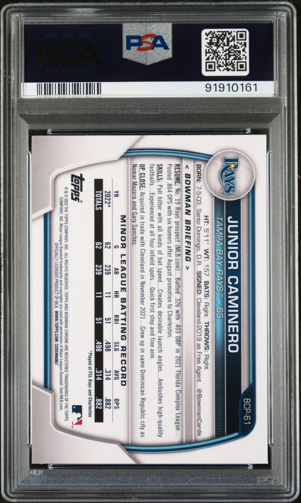 2023 Bowman - Megabox Junior Caminero #BCP-61 Mojo Refractor (RC) PSA 10