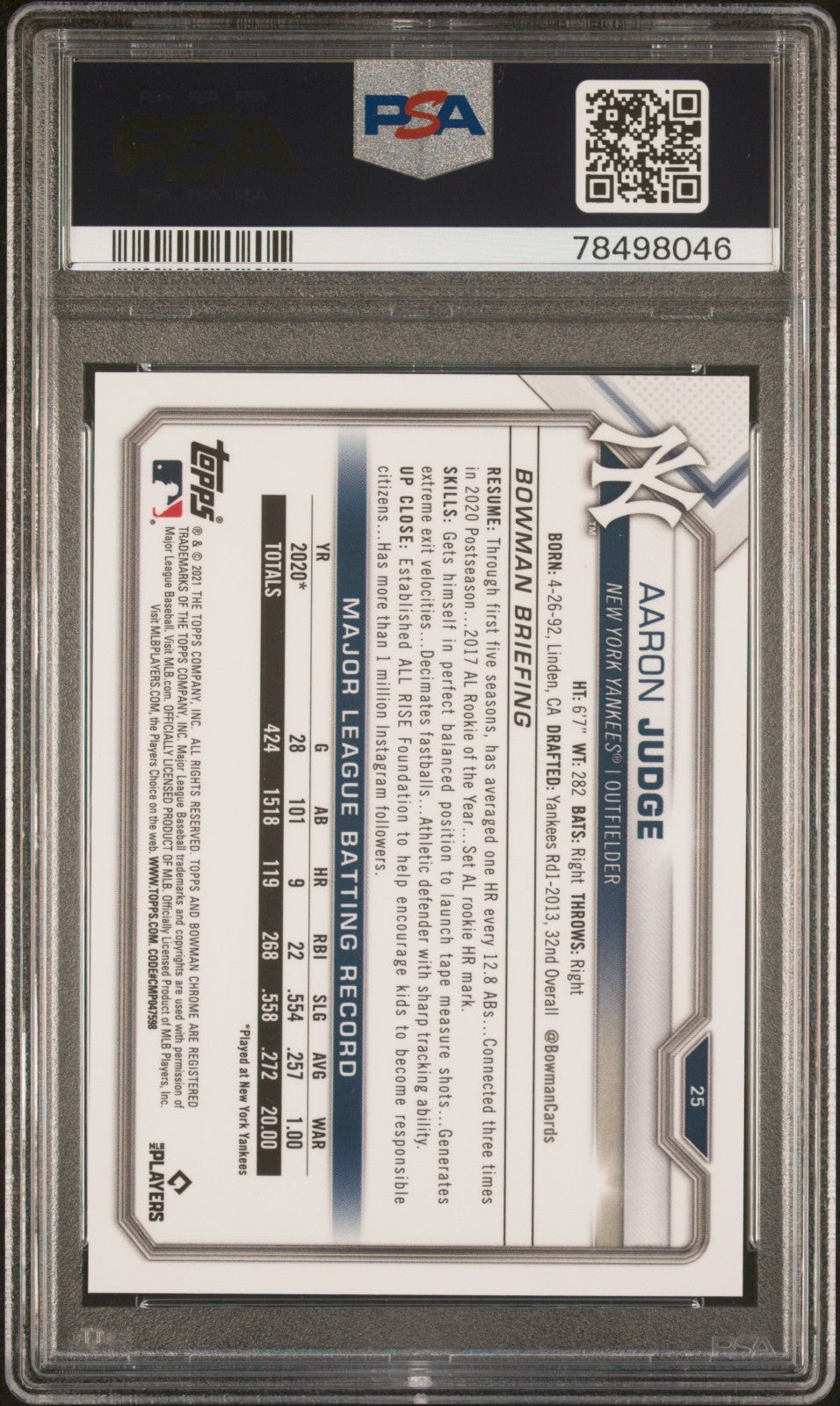 2021 Bowman Chrome - Aaron Judge #25 Purple Refractor /250 PSA 10 POP 10!