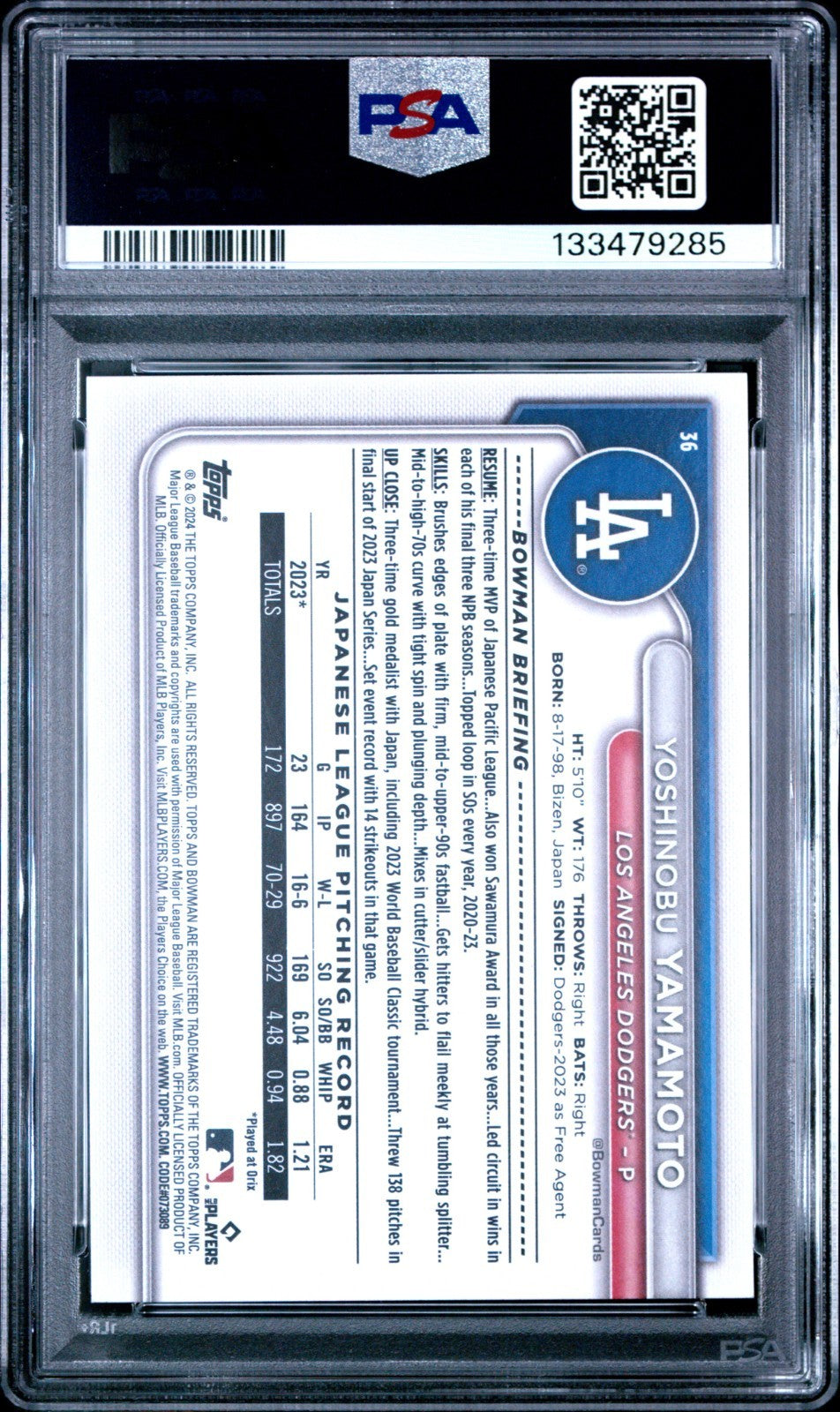 2024 Bowman Yoshinobu Yamamoto #36 RC Rookie Card Word Series MVP Dodgers PSA 10