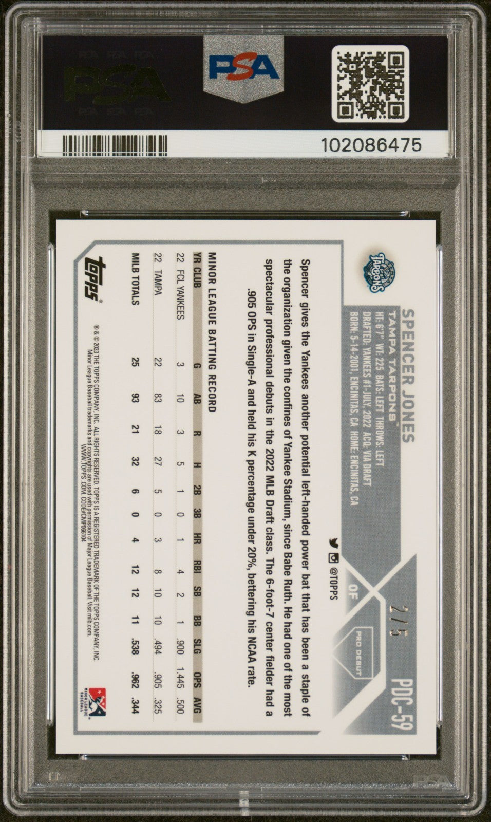2023 TOPPS PRO DEBUT CHROME-RED MINI DIAMOND #PDC59 SPENCER JONES 2/5 PSA 10