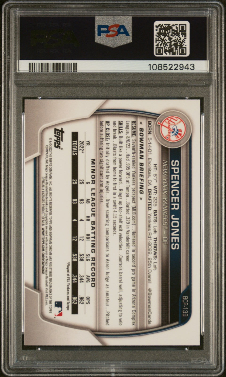 Spencer Jones 2023 Bowman Chrome Prospects 1st #BCP139 Yankees PSA 10