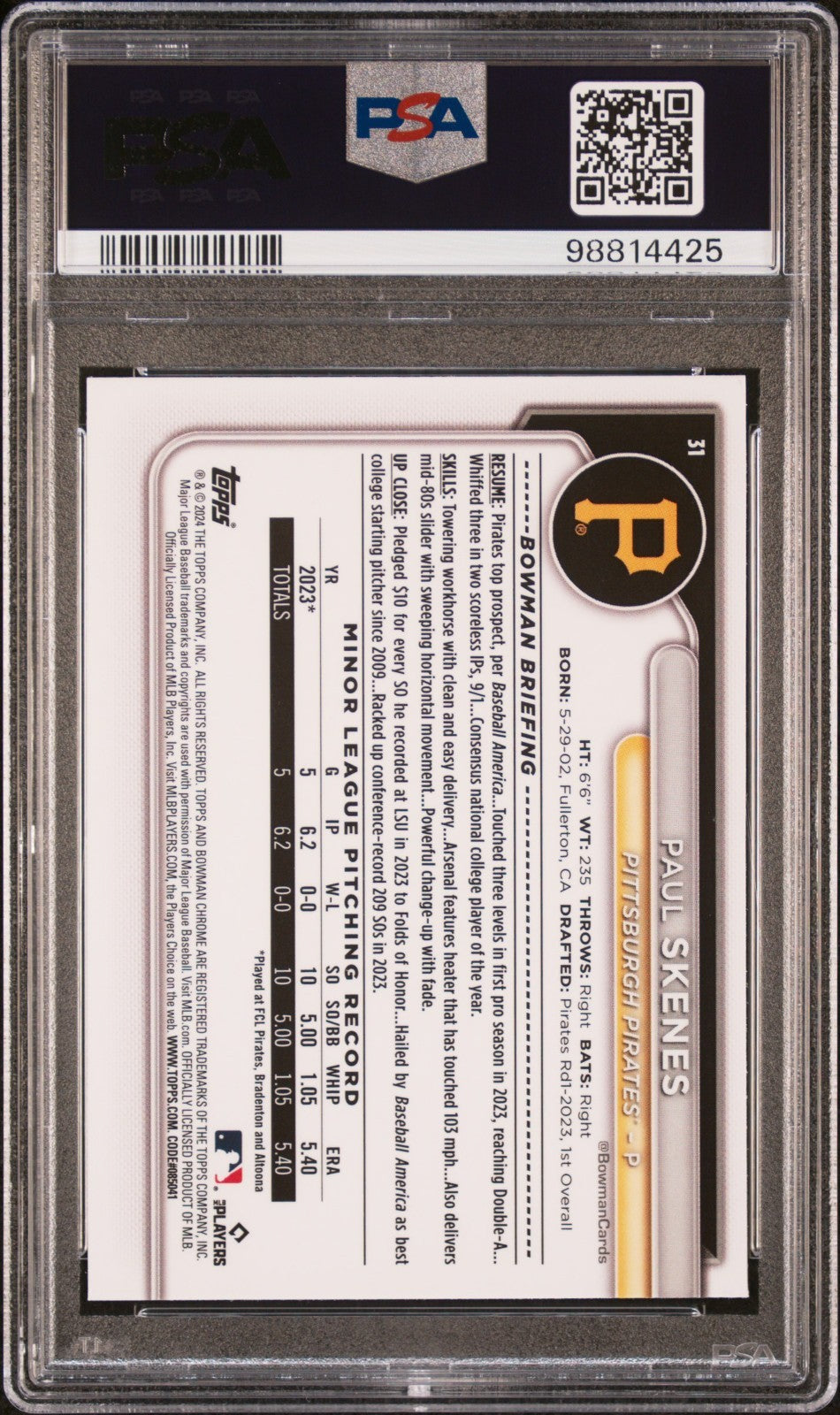 2024 Bowman Chrome - Paul Skenes #31 (RC) PSA 10