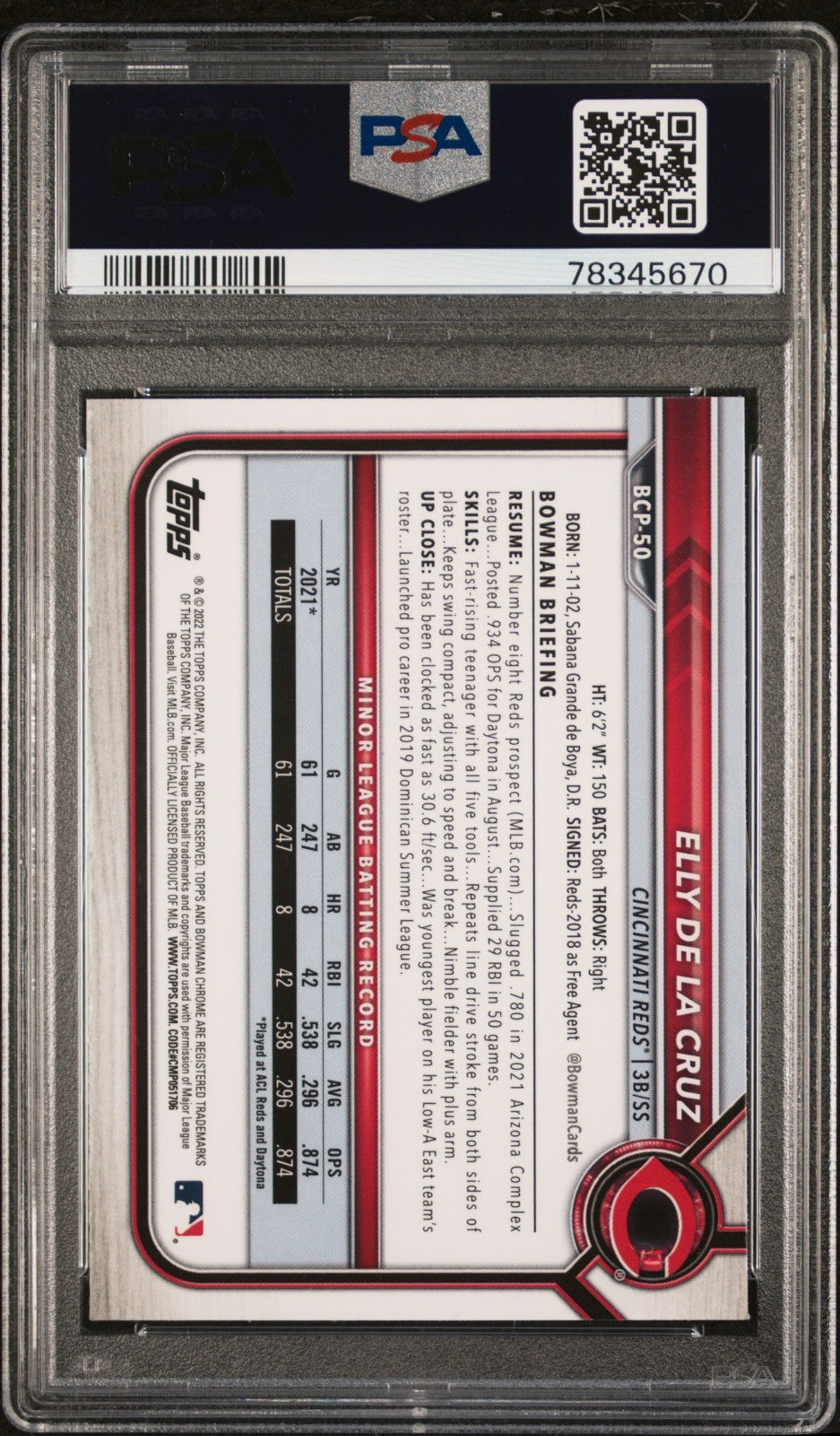 2022 Bowman Chrome Prospects Elly de La Cruz #BCP-50 PSA 10 (RC) Gem Mint