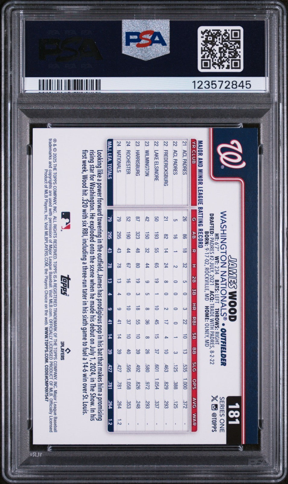 James Wood 2025 Topps RC PSA 10 #181 Diamante Foil Gem Mint Rookie.  NATS