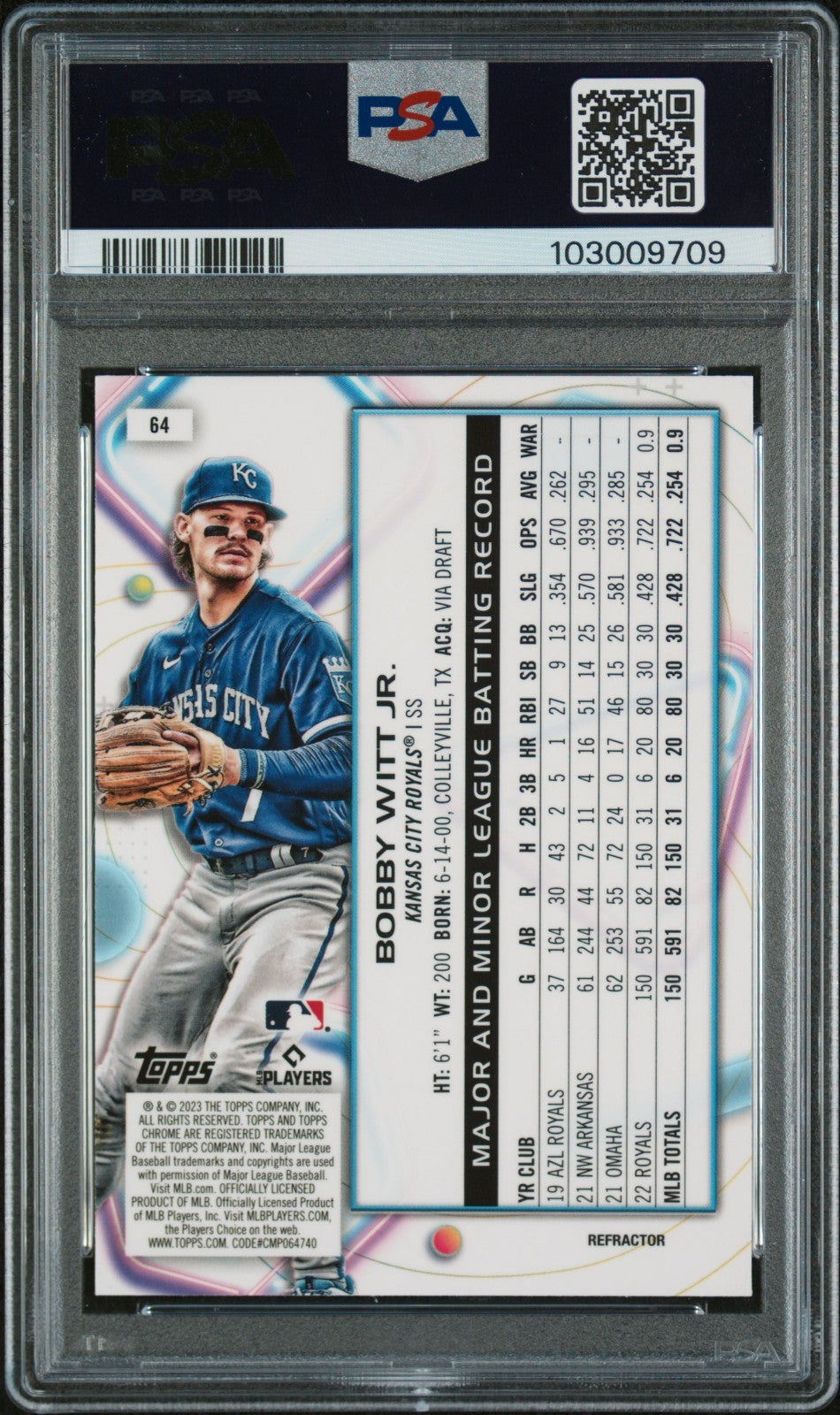 2023 Topps Cosmic Chrome - Bobby Witt Jr. #64 Refractor - PSA 10 LOW POP!