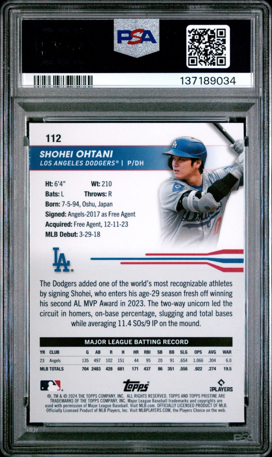 2024 Topps Pristine - Shohei Ohtani #112 Refractor PSA 10