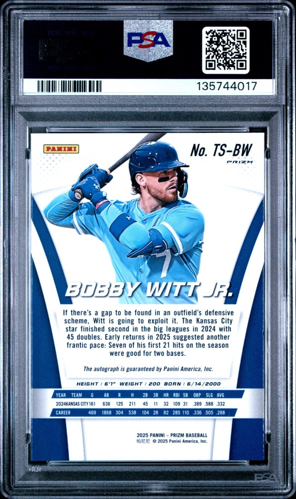 2025 Panini Prizm Bobby Witt Jr. Silver Throwback Signature PSA 10