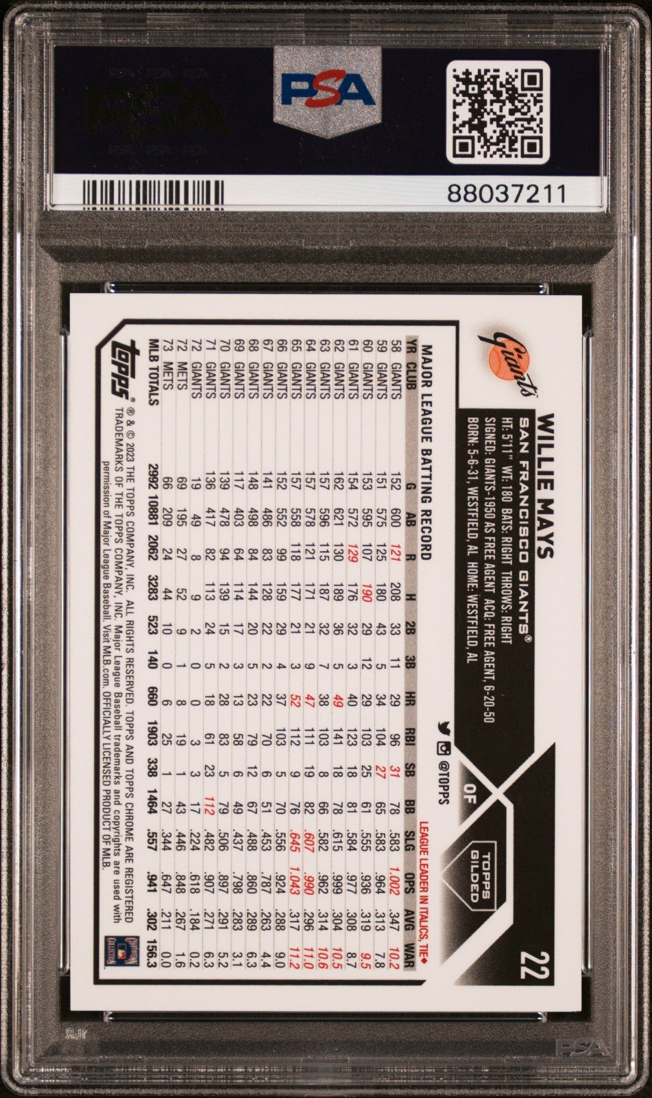 2023 Topps Gilded Collection - Willie Mays #22 Mini-Diamond Refractor /50 PSA 10