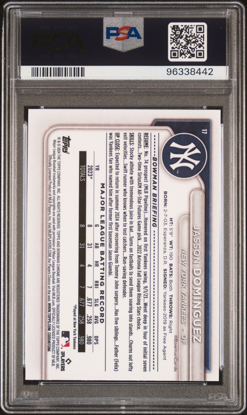 2024 Bowman Jasson Dominguez RC #17 Mega Box Mojo Refractor PSA 10 GEM