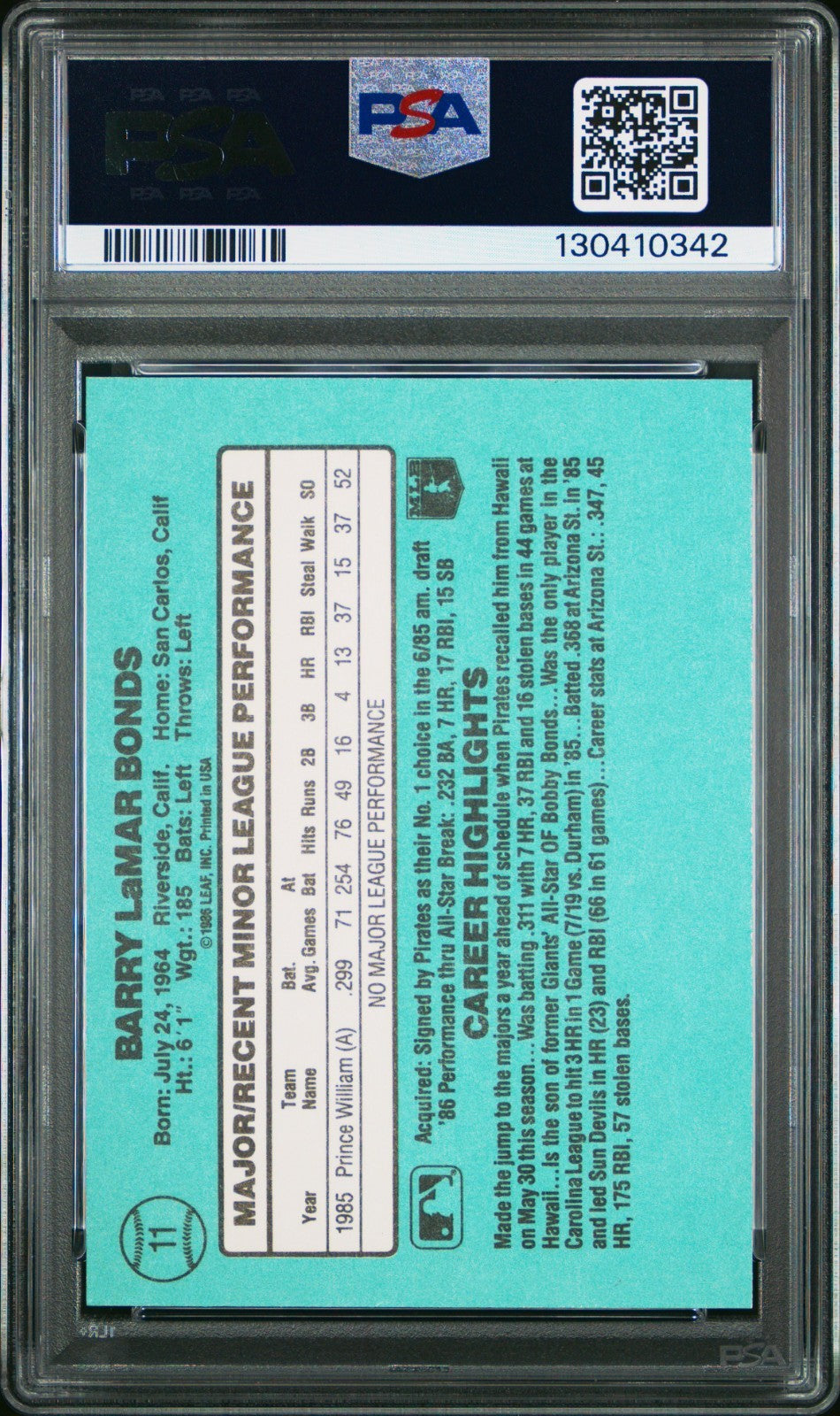 1986 DONRUSS THE ROOKIES BARRY BONDS PSA 10 #11 ROOKIE RC PIRATES