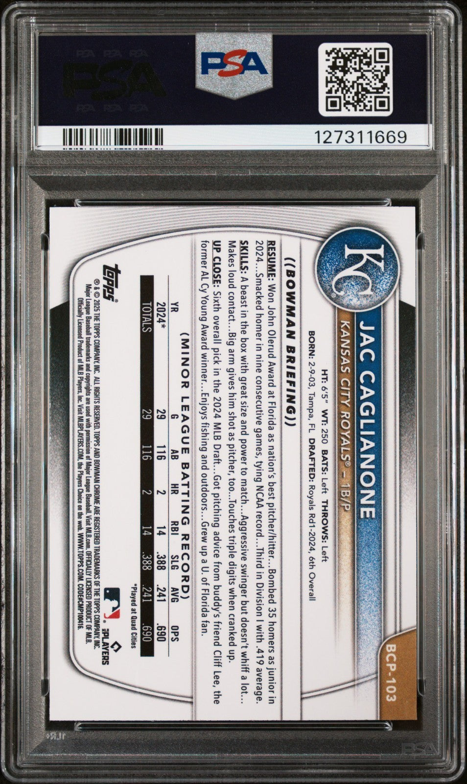 2025 Bowman - Chrome Prospects Jac Caglianone #BCP-103 Blue Geo PSA 9