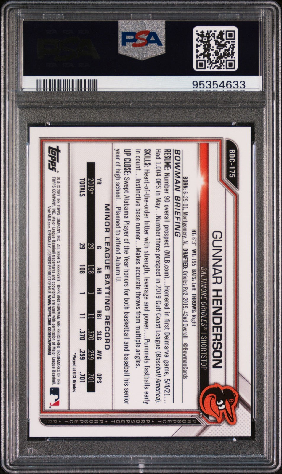 2021 Bowman Draft - Chrome Gunnar Henderson #BDC-175 Aqua Lava Refractor /199