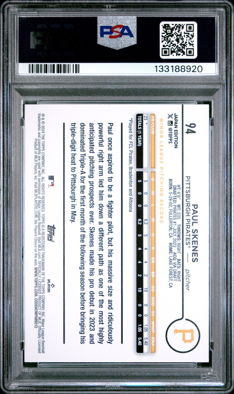 2024 Topps Japan Edition - Paul Skenes #94 (RC) PSA 10