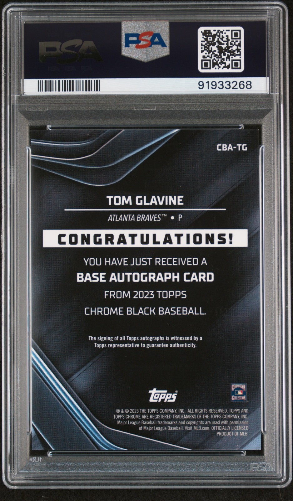 2023 Topps Chrome Black Autographs Tom Glavine #TG /50 PSA 10 POP 3!