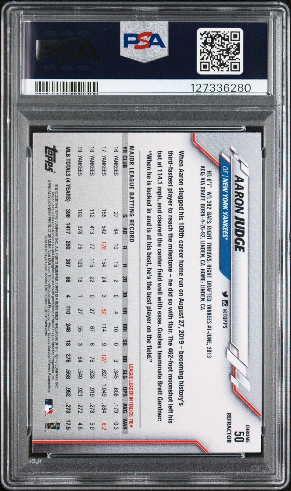 2020 Topps Chrome - Aaron Judge #50 Refractor PSA 10